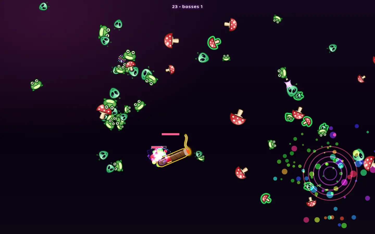 TrippyCharts game mode: a gold-outlined boss toy with a health bar, toys on screen and the score display